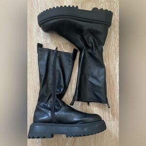 Zara women’s chunky fitted black mid calf lug boots vegan leather; size 36 / 6